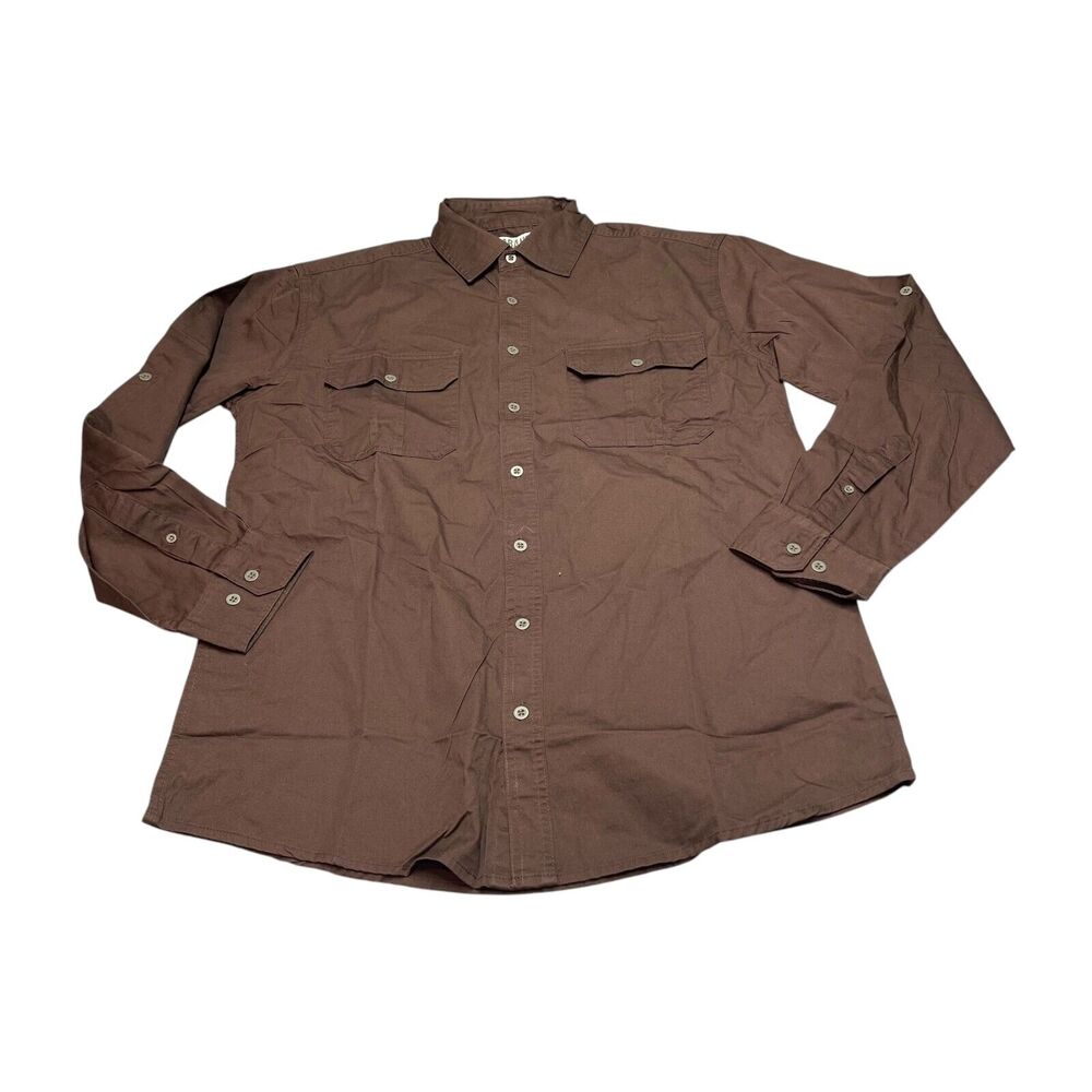 Haband Shirt Men Medium Brown 100% Cotton Pockets Collared Long Sleeve Button-Up - Picture 1 of 6